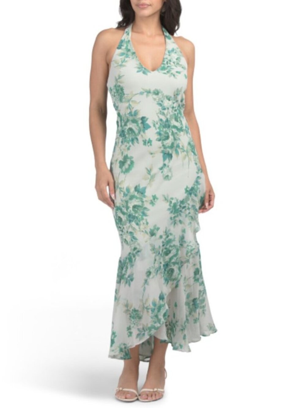 THIRTY THIRTY Floral Printed High V-neck Chiffon Maxi Dress